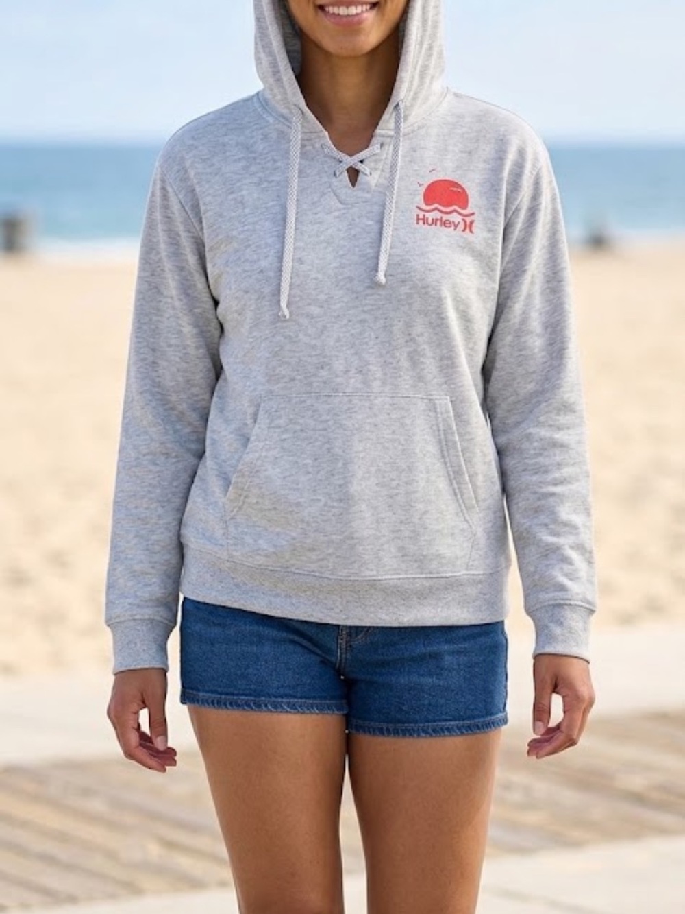 Large Hurley Light Gray Hoodie with Coral Logo Accent